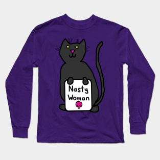 Cute Cat with Nasty Woman Sign Supports Kamala Harris Long Sleeve T-Shirt